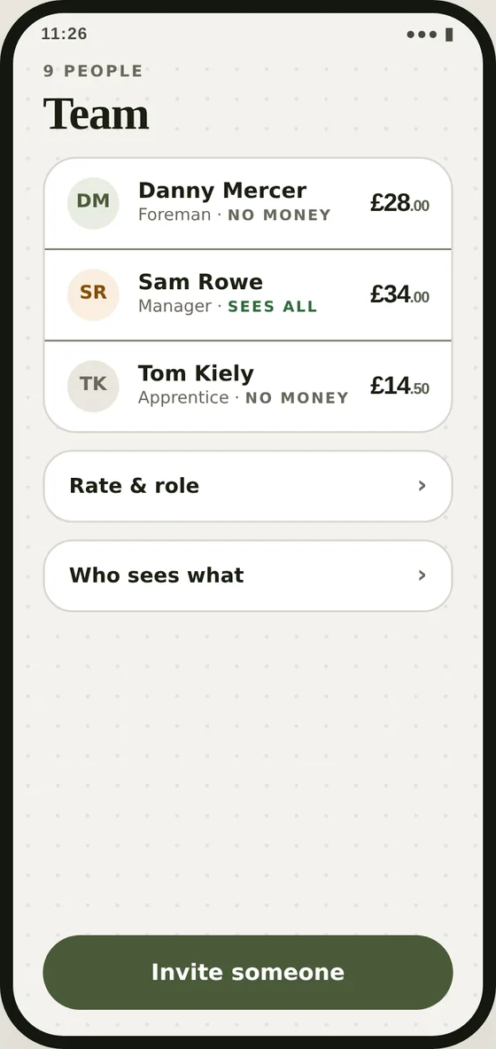 The Team screen