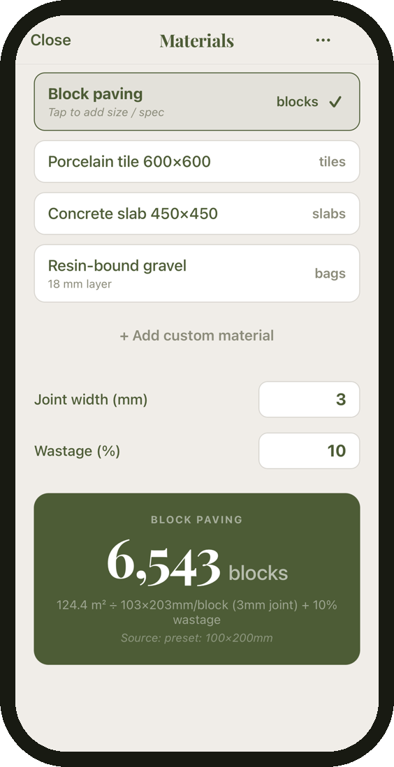 The materials calculator converting a measured area into 6,543 blocks