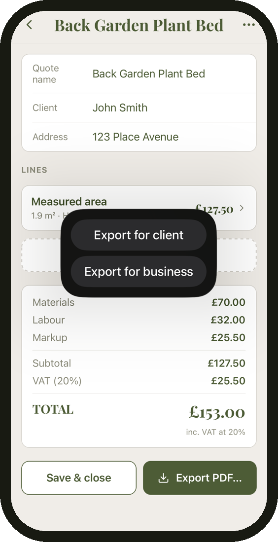 A finished quote, with options to export for the client or for the business as a PDF