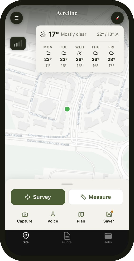 The Acreline app showing the live survey map, with Survey and Measure modes